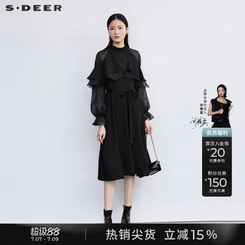 sdeer圣迪奥秋装女装圆领网纱收腰不规则长袖连衣裙S223Z128U