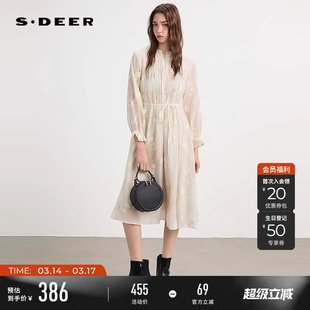 sdeer圣迪奥女装春秋装圆领风琴褶收腰绣花连衣裙S253Z1293