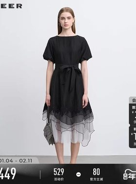 【流动金属】sdeer圣迪奥新品女不规则欧根纱短袖连衣裙S252Z1201
