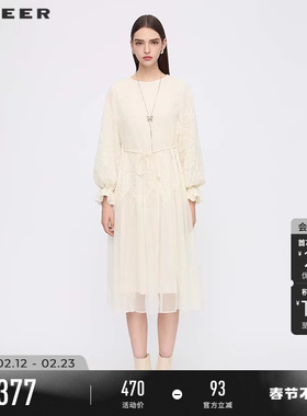 sdeer圣迪奥女装春秋装优雅圆领收腰绣花网纱连衣裙S253Z1250