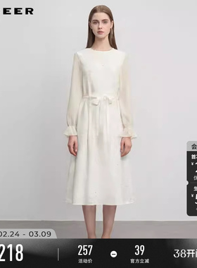 sdeer圣迪奥秋冬季女装优雅圆领收腰网纱拼接连衣裙S244Z12B3