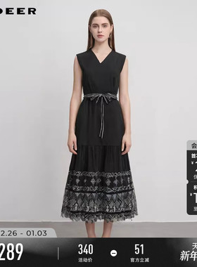 sdeer圣迪奥女装25年新品田园风V领收腰绣花无袖连衣裙S252Z1225