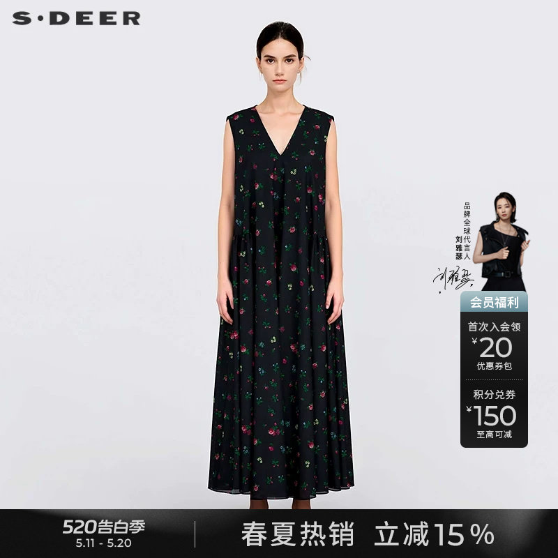 sdeer圣迪奥夏装女装装度假风V领碎花无袖连衣裙S25281229