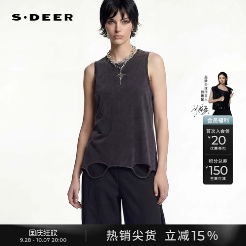sdeer潮酷风圆领做旧水洗无袖T恤
