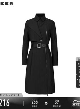 sdeer圣迪奥春装女装休闲收腰拼接肌理H型黑色大衣S22181802