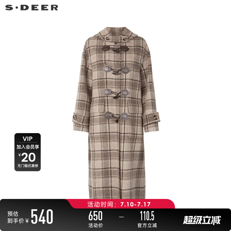 sdeer连帽格纹羊角扣毛呢大衣