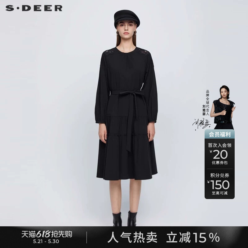sdeer圣迪奥春秋装女装复古圆领木耳边收腰长袖连衣裙S243Z