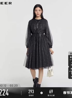sdeer圣迪奥春装女装圆领拼接网纱收腰灯笼袖连衣裙S231Z1281