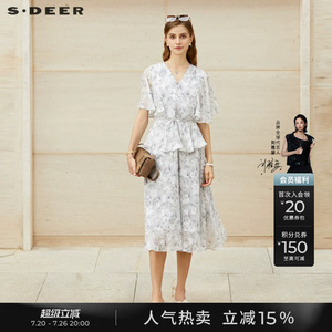 sdeer圣迪奥夏季女装休闲V领碎花收腰雪纺连衣裙S232Z12J9