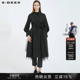 sdeer圣迪奥春秋装收腰灯笼袖法式黑色衬衫中长款风衣S21181801