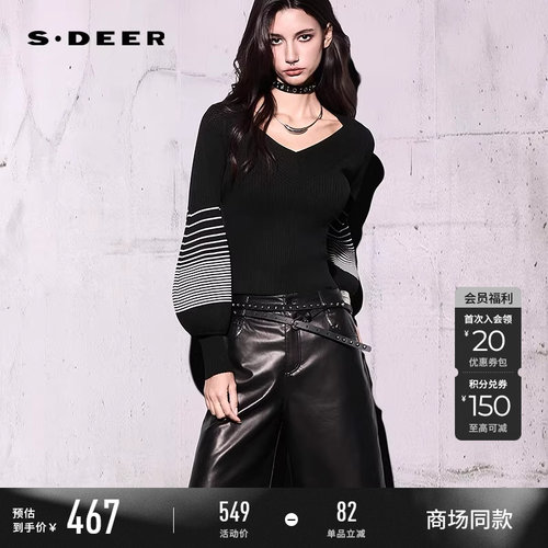sdeerV领撞色条纹灯笼袖针织衫