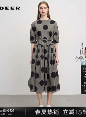 【复古波点】sdeer圣迪奥女新品圆领波点收腰中袖连衣裙S252Z1203