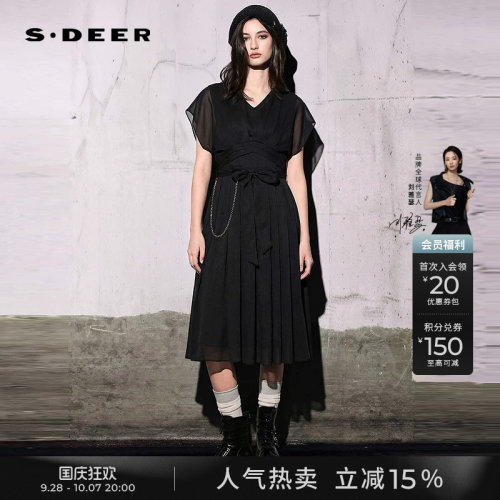 s.deer拼接收腰雪纺短袖连衣裙