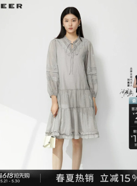 sdeer圣迪奥夏季女装甜美木耳边系带长袖连衣裙S232Z12J6