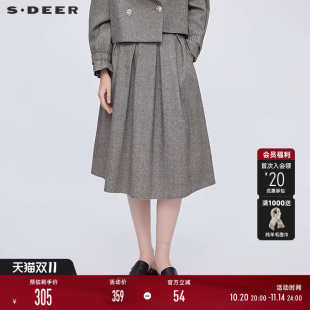 sdeer圣迪奥女装 学院风复古高腰百褶毛呢长裙S253Z1141 25年新品