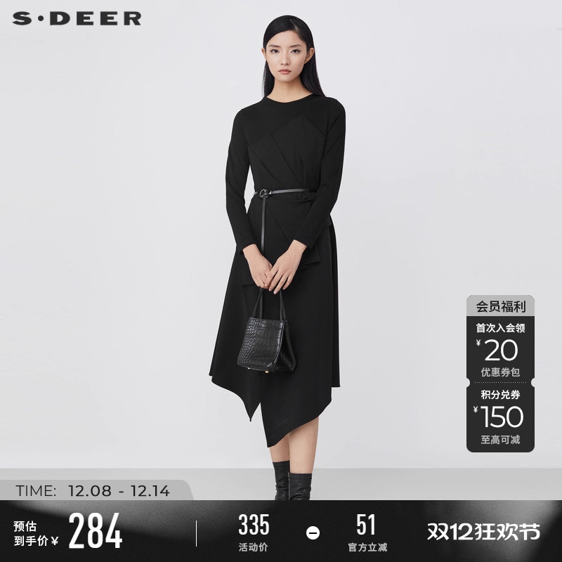 sdeer秋圆领收腰长袖连衣裙