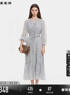 sdeer圣迪奥女装春秋装复古圆领绣花收腰长袖连衣裙S253Z1258