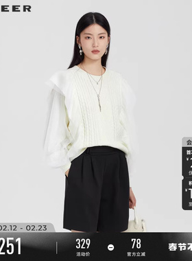 sdeer圣迪奥春装女装罗纹圆领钩花灯笼袖针织衫S231Z3518