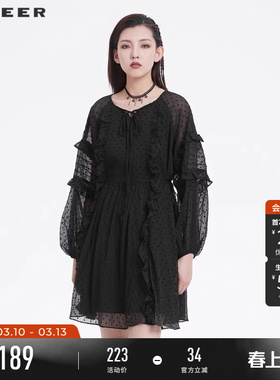 sdeer圣迪奥春装女圆领波点木耳边宽松小众设计连衣裙S221Z1293