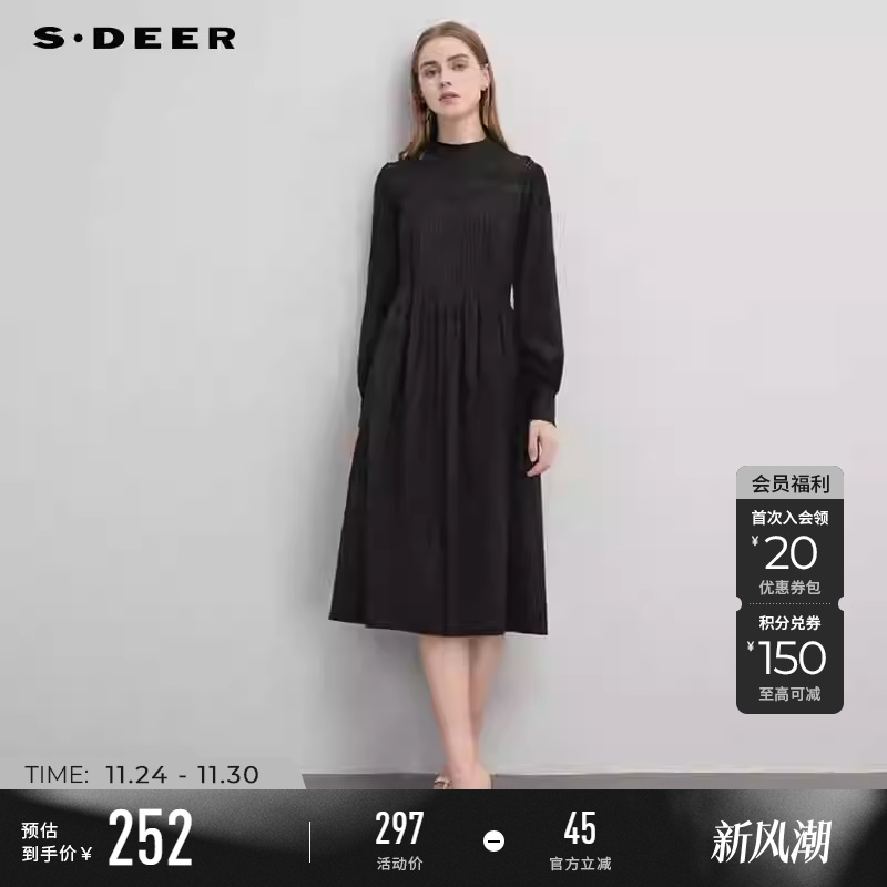 sdeer圣迪奥春秋装女装圆领肌理压褶灯笼袖连衣裙S241Z1246