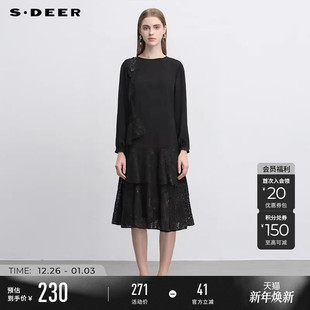 sdeer圣迪奥冬装 复古圆领荷叶边拼接宽松连衣裙S244Z1208 女装