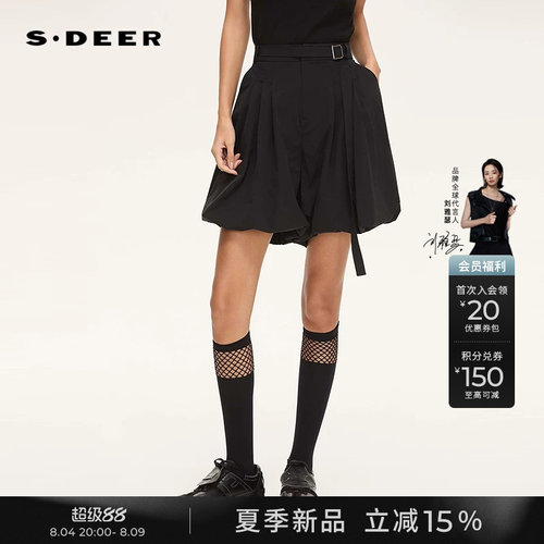 sdeer复古高腰系带压褶A字短裤