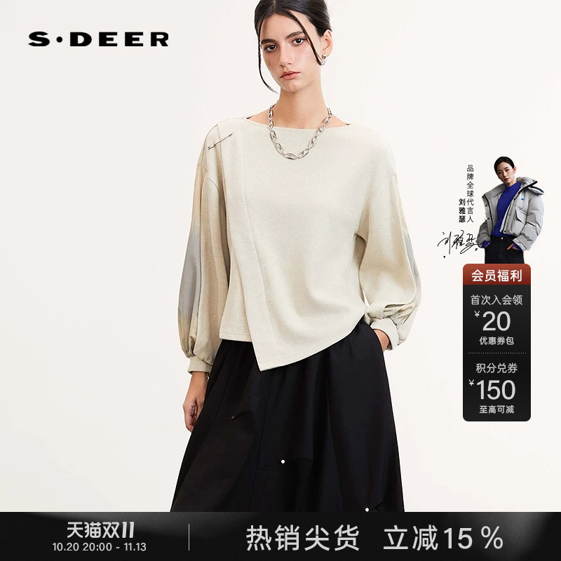 sdeer圣迪奥春秋装女装圆领箭头印花不规则宽松长袖T恤S25180203