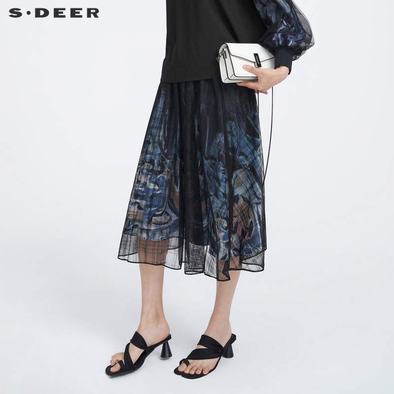 sdeer圣迪奥春秋装女装松紧印花网纱拼接A字半身裙S221Z1119