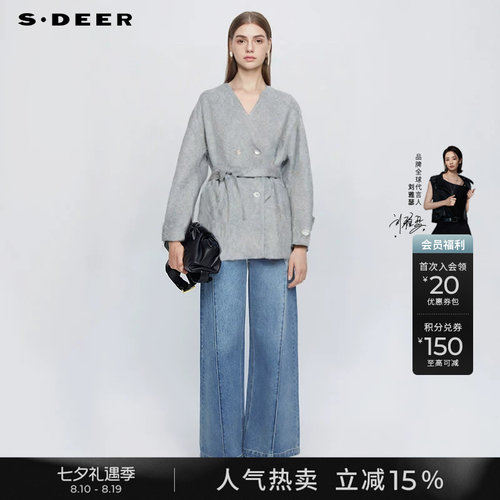 sdeerOL风V领收腰双面呢短款大衣