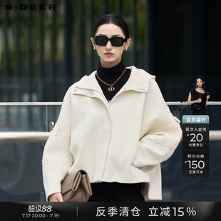 sdeer圣迪奥冬季女高领连帽绣花宽松绵羊毛毛呢短款大衣S24482606