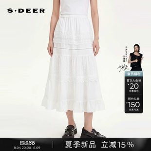 sdeer圣迪奥女装26年夏新品文艺松紧高腰绣花不规则长裙S262Z1111
