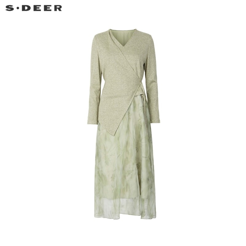 V领连衣裙 印花收腰 欧根纱