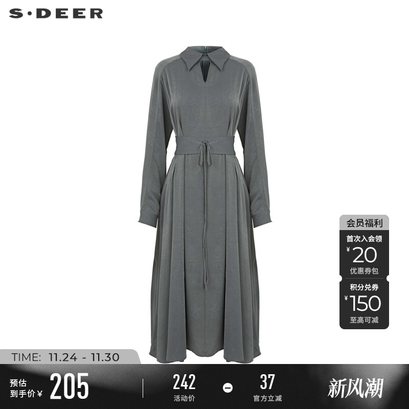s.deer翻领收腰衬衫雪纺连衣裙