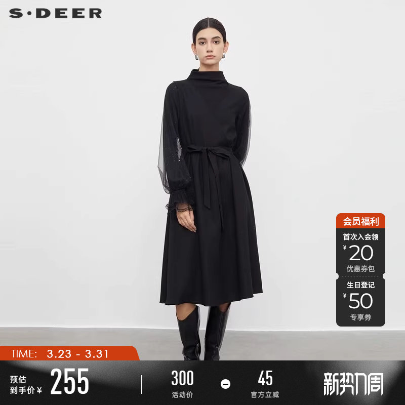 sdeer圣迪奥春秋装女装高领收腰网纱拼接花边连衣裙S233D1215