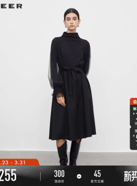 sdeer圣迪奥春秋装女装高领收腰网纱拼接花边连衣裙S233D1215