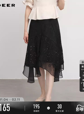 sdeer圣迪奥春装女装优雅高腰网纱雪纺不规则A字半身裙S241Z1119