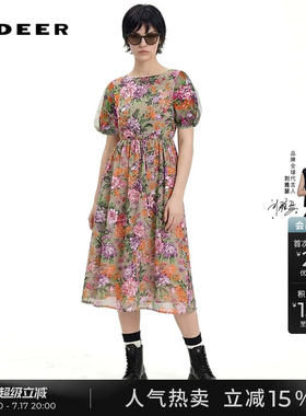 sdeer圣迪奥春夏女装圆领碎花网纱收腰泡泡袖连衣裙S233Z1260
