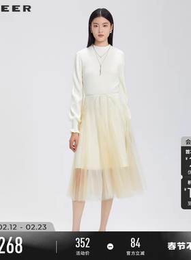 sdeer圣迪奥春装女装圆领收腰网纱泡泡袖连衣裙S231Z1208