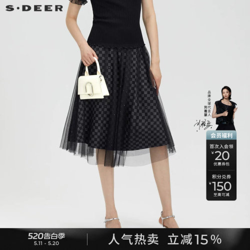 s.deer松紧拼接格纹网纱A字伞裙