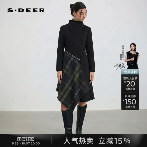 sdeer撞色格纹不规则毛呢大衣