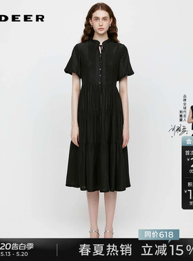 sdeer圣迪奥夏季女装木耳边系带风琴褶泡泡袖连衣裙S242Z12F1