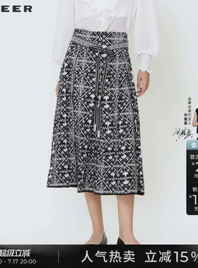 sdeer圣迪奥女装文艺复古系带撞色印花A字伞裙S242Z1112
