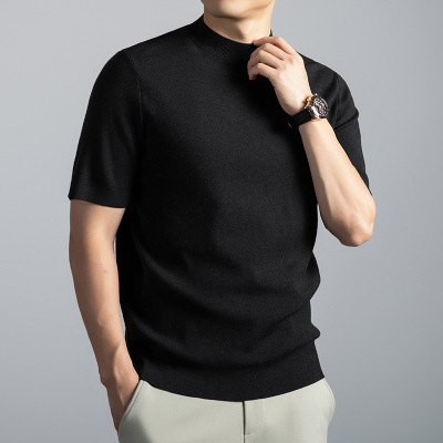 16针莱赛尔可机洗羊毛衫男2025秋冬新款半高领打底短袖毛衣男