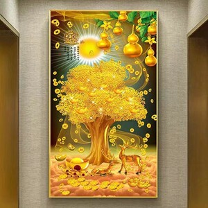 摇钱树挂画自粘招财进宝玄关装饰画高档贴画黄金满地五福临门发财