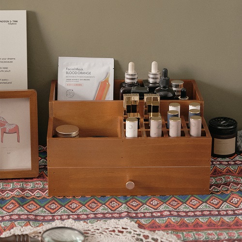 抽屉式木制护肤品收纳盒复古桌面妆台口红面膜置物架多功能储物柜