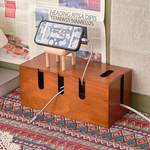 桌面实木遮挡排插收纳盒多功能数据线 线收纳机上盒整理集理线 线