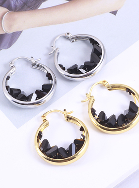 欧美风镀金个性黑色不规则树脂几何串珠镀金C形金属风耳环耳饰女