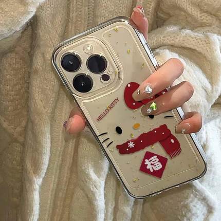 福围巾KT猫适用iPhone15手机壳新款苹果16/17/14promax可爱13pro卡通12mini镜头全包11硅胶xr女xsmax新年plus