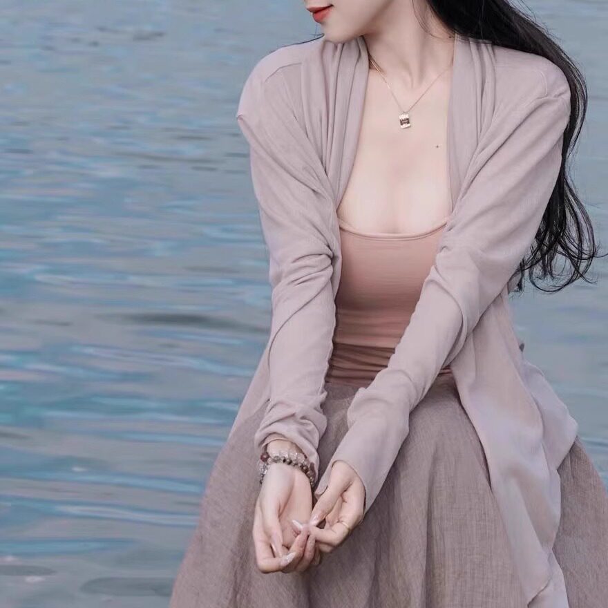 不俗~2025新新中式禅意风不规则开衫粉色背心棉麻半身裙温柔套装
