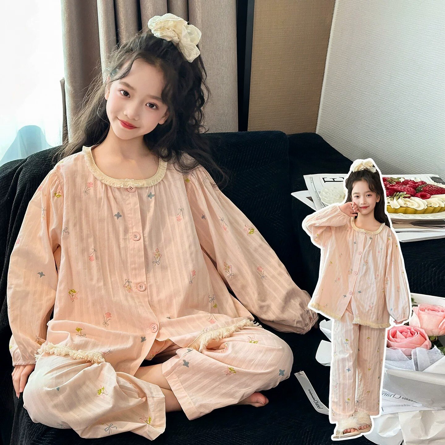 女童甜美风纯棉家居服套装儿童春秋长袖开衫小女孩花边中大童睡衣